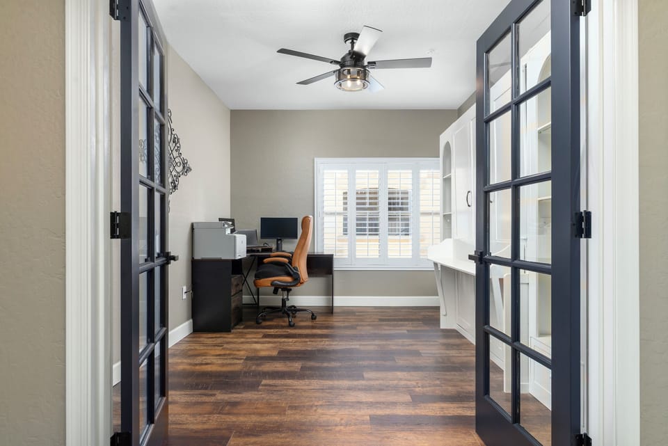 Office and third bedroom option. Corner desk with direct internet connection, and color laser printer ready for a work at home setting. Converts to a full queen sleeping arrangement using the built-in murphy bed console.