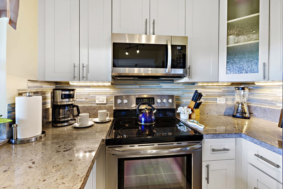 Our fully equipped kitchen has everything  for entertaining or meals to go.  