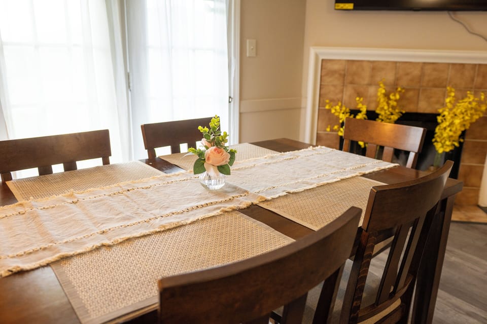 Cozy dining space with fireplace and elegant seating for gatherings