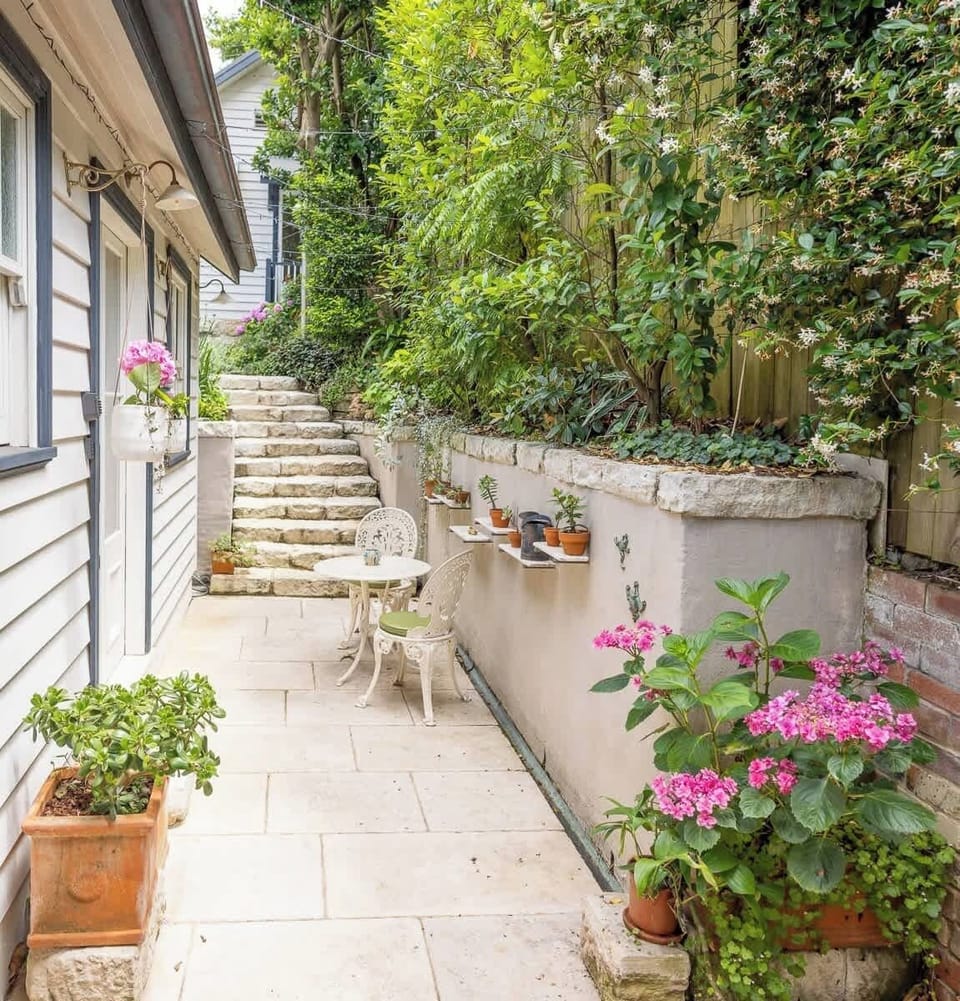 The private patio and limestone stairs - private access