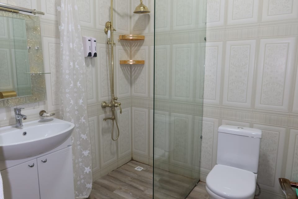 Comfort Double Room, Courtyard View | Bathroom | Shower, hair dryer, towels, soap