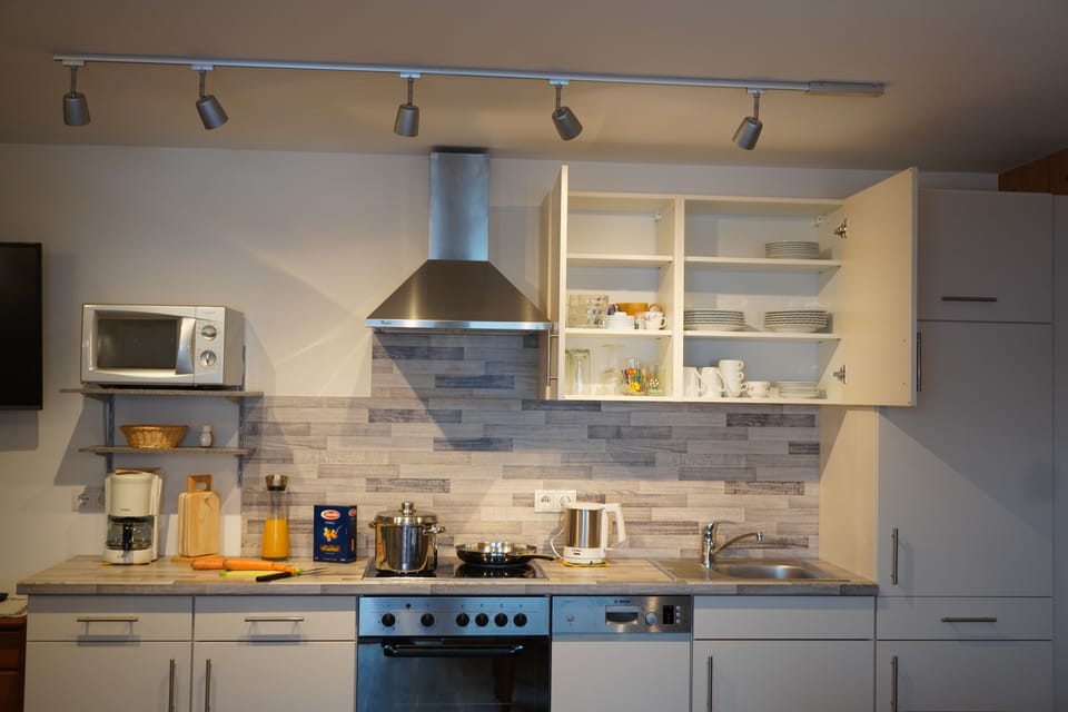 Panoramic Apartment, 1 Bedroom, Kitchen, Mountain View (Balcony) | Private kitchen | Full-size fridge, microwave, oven, stovetop