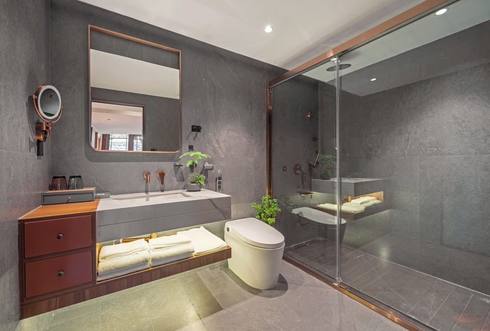 Shower, free toiletries, hair dryer, slippers
