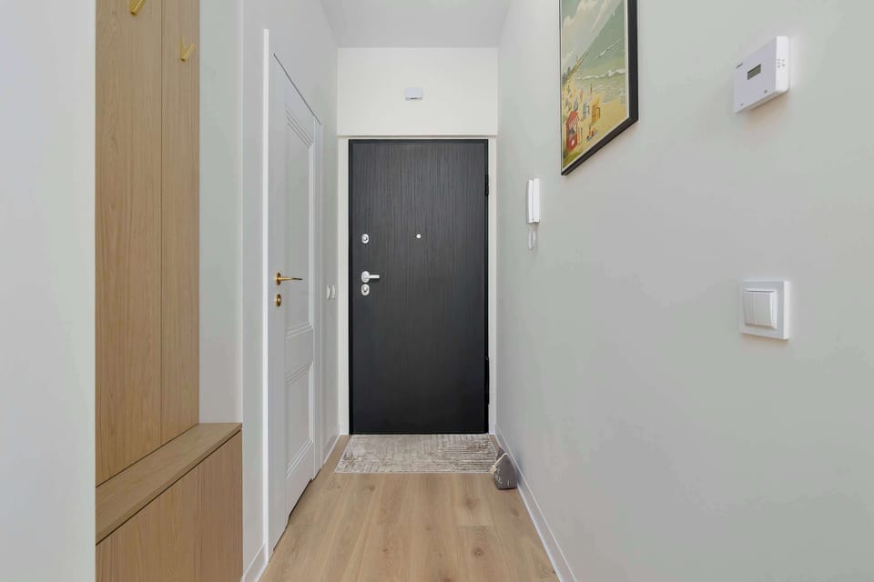 Entrance hallway with built-in storage and the apartment entrance door.