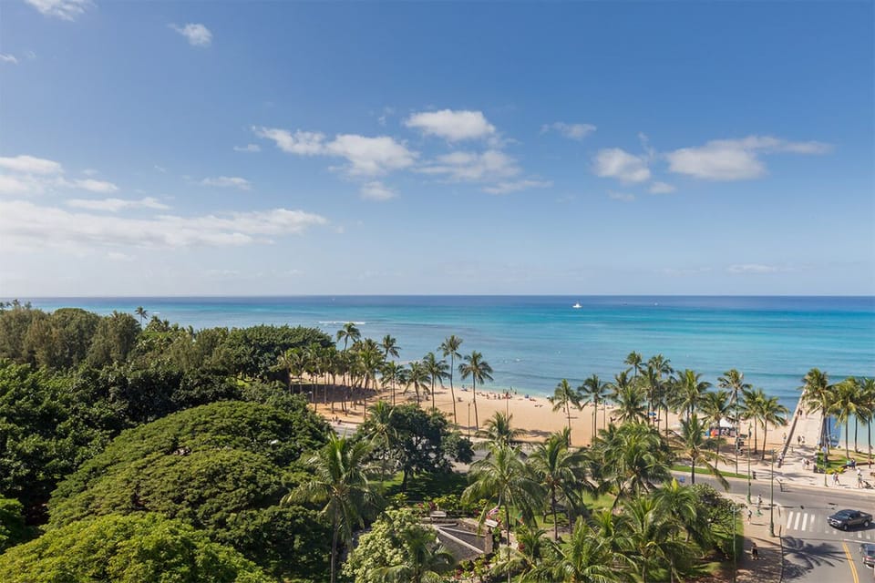 Elevated view showcasing the property's beachfront location, with golden sands, swaying palms, turquoise ocean waters, and a scenic coastal road framing this tropical paradise.