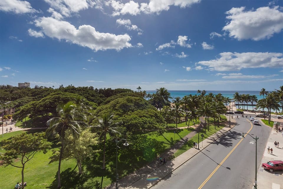 A coastal property set amid lush greenery and palm trees, located near a beachfront roadway with ocean views in the distance.