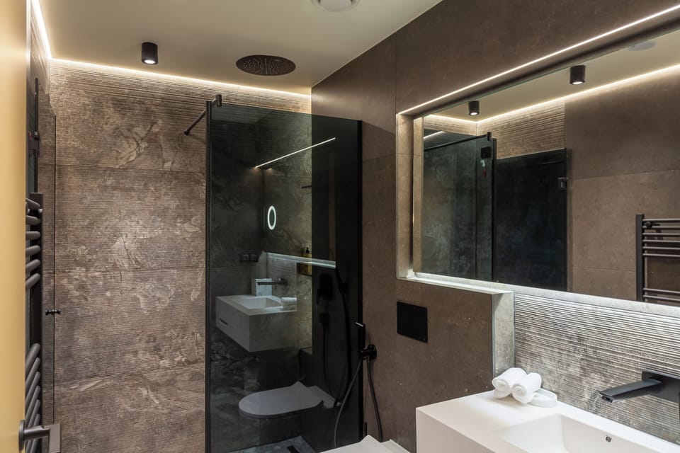 Shower, rainfall showerhead, hair dryer, bathrobes