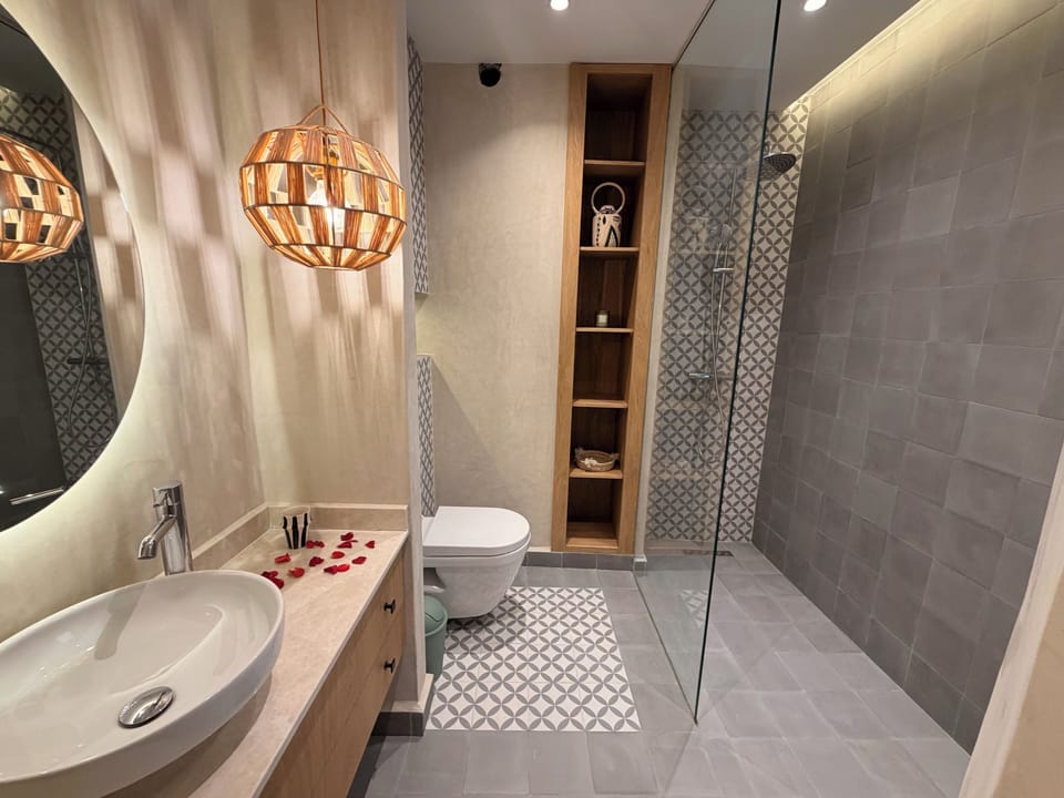 Shower, free toiletries, hair dryer, towels