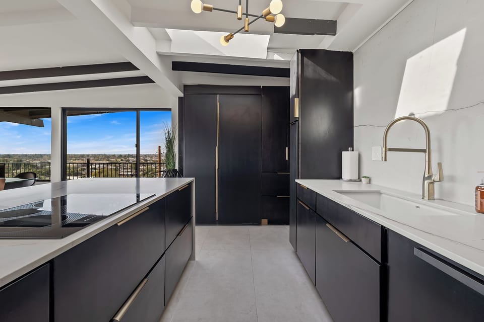 Modern chef’s kitchen with views, skylights, and induction cooktop.