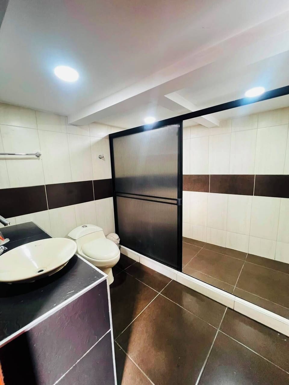 Shower, towels, soap, toilet paper