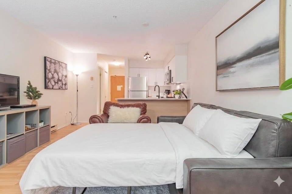 Living area: Pull-out sofa, Gas fireplace, TV, Balcony access