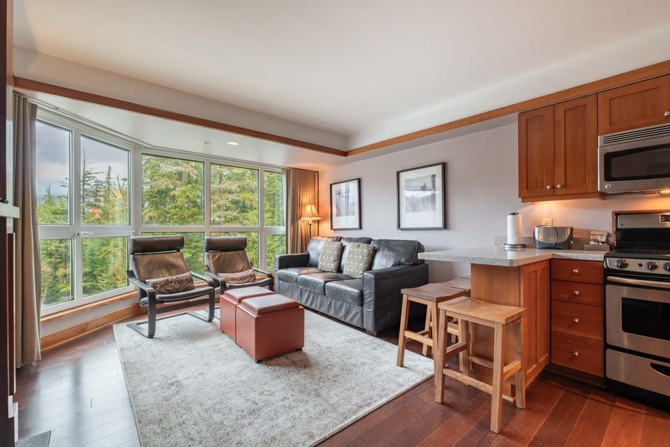 Living area: Sofa bed, smart TV, mountain and forest views