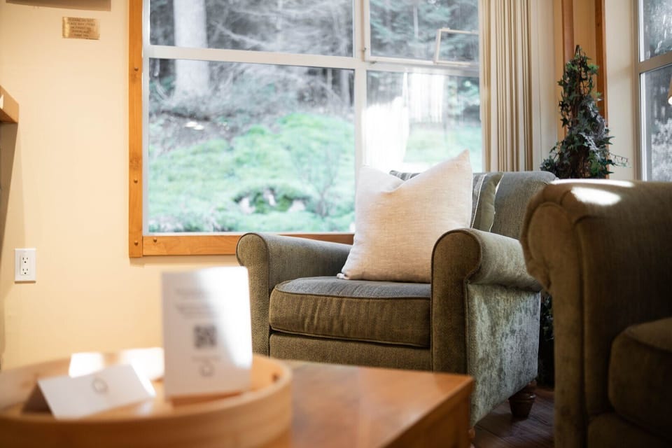Living area: Pull-out sofa (twin), gas fireplace, garden and forest views