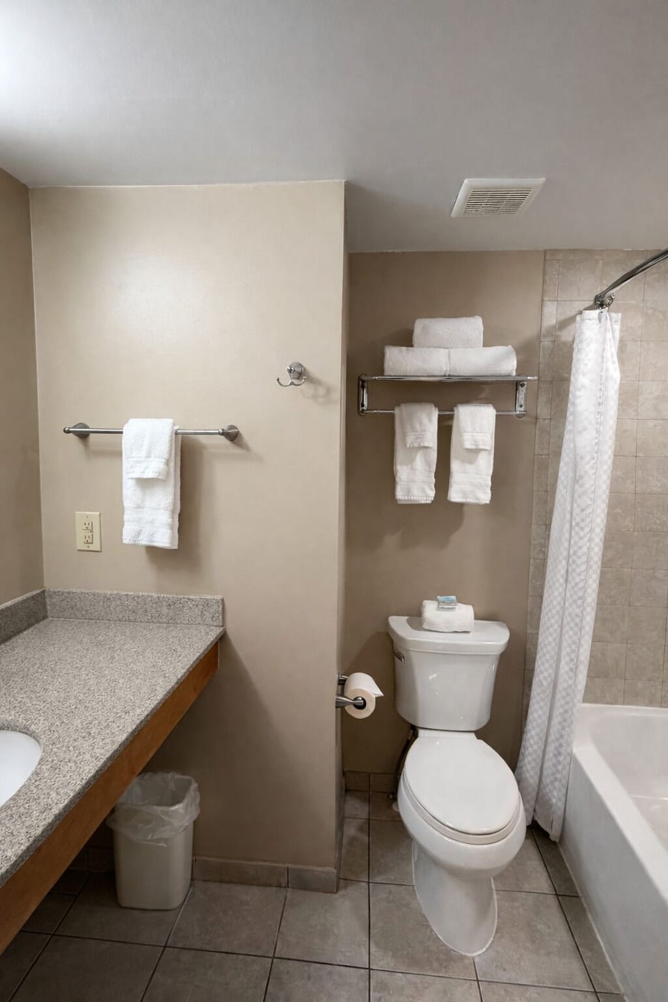 Combined shower/tub, free toiletries, hair dryer, towels