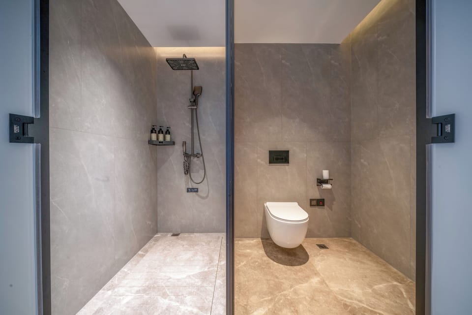 Hair dryer, towels, soap, shampoo