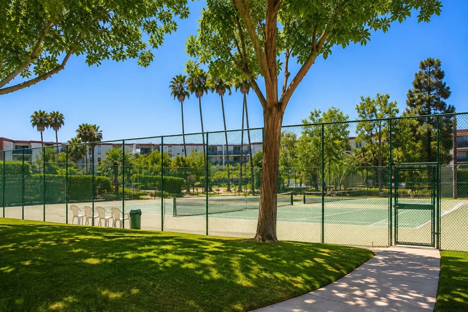 Resort-style tennis court surrounded by palms, shade trees, and green lawns