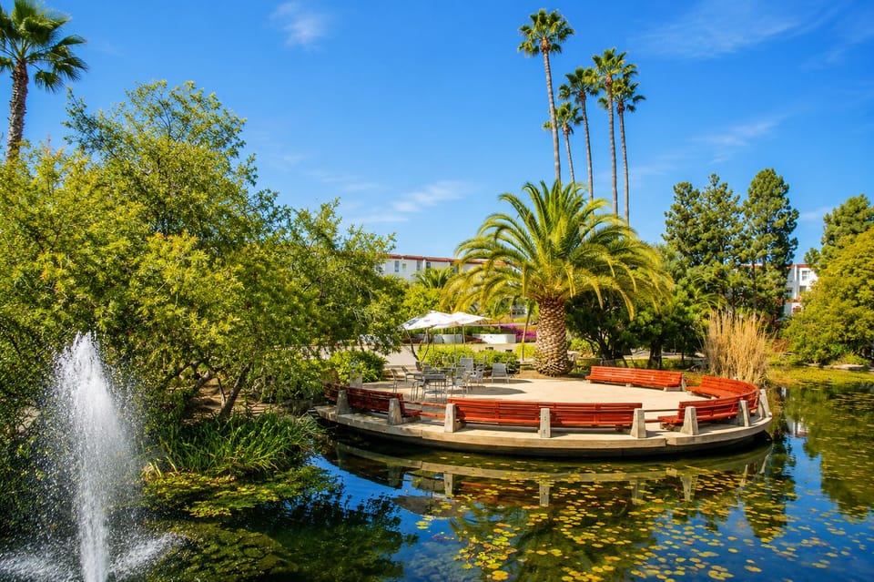 Peaceful garden pond with fountain, palms, and scenic outdoor seating