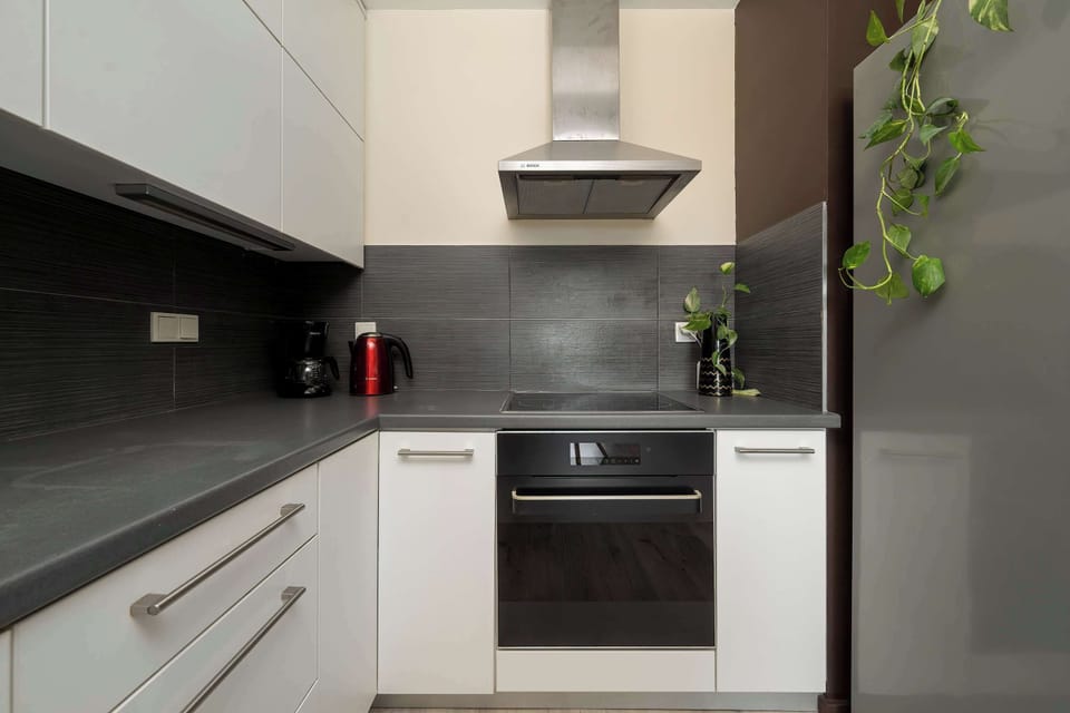 Modern kitchenette with built-in appliances, generous countertop space, and sleek cabinetry.