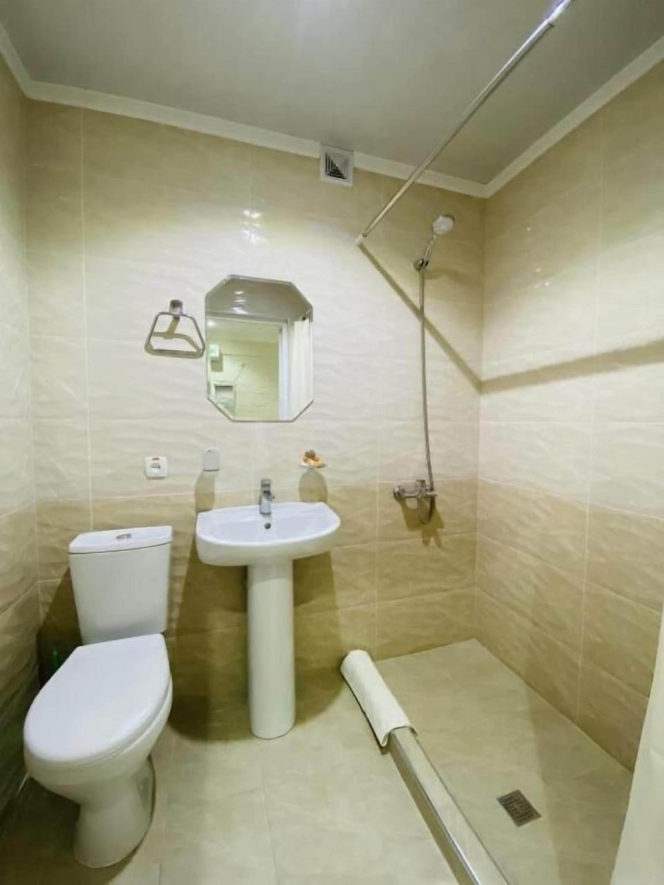 Hair dryer, towels, soap, shampoo