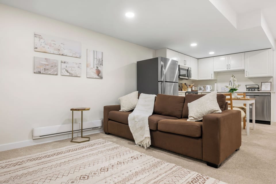 Cozy carpeted living room with flat-screen TV, patterned rug, and greenery
