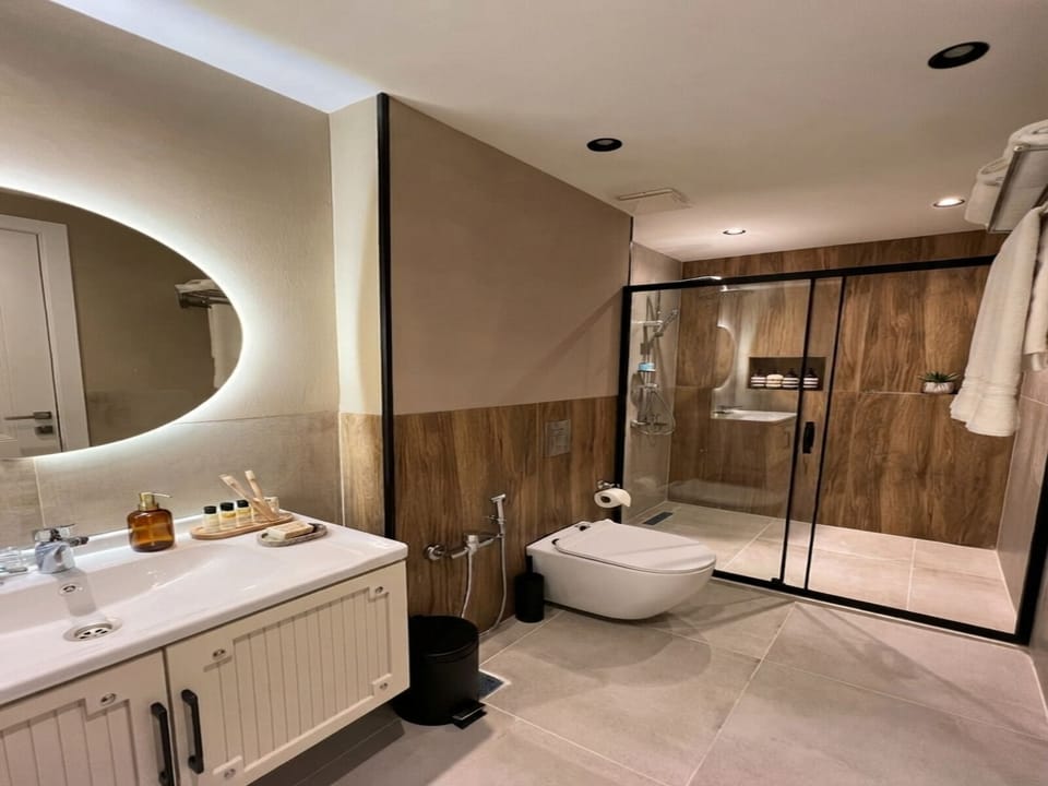 Shower, hair dryer, slippers, towels