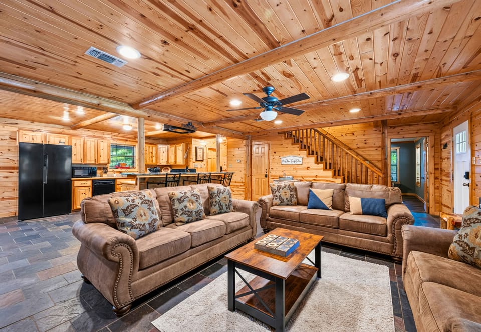 Whether you're preparing dinner or relaxing by the fire, the open concept design keeps everyone connected throughout your stay.