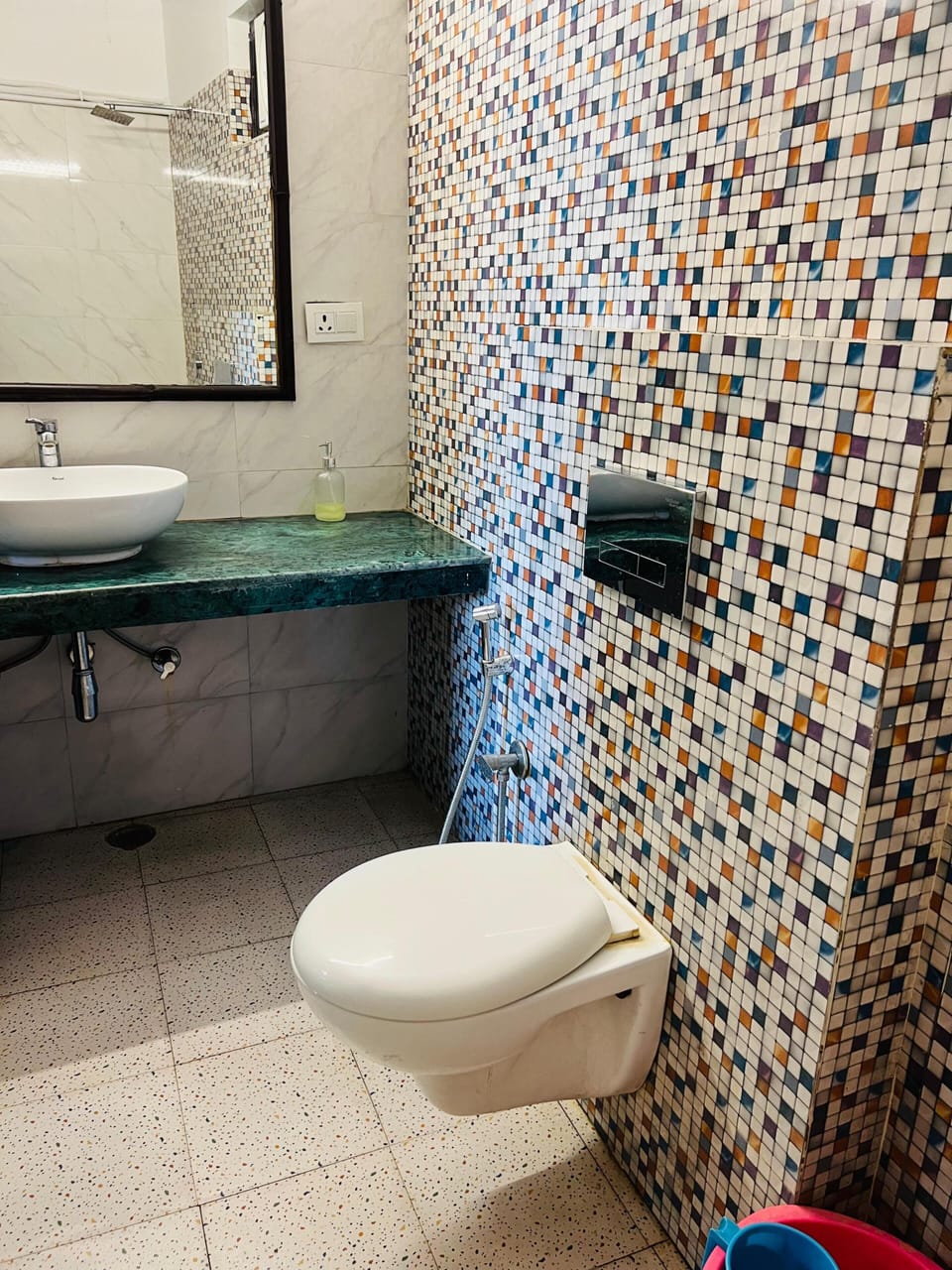 Shower, towels, soap, toilet paper