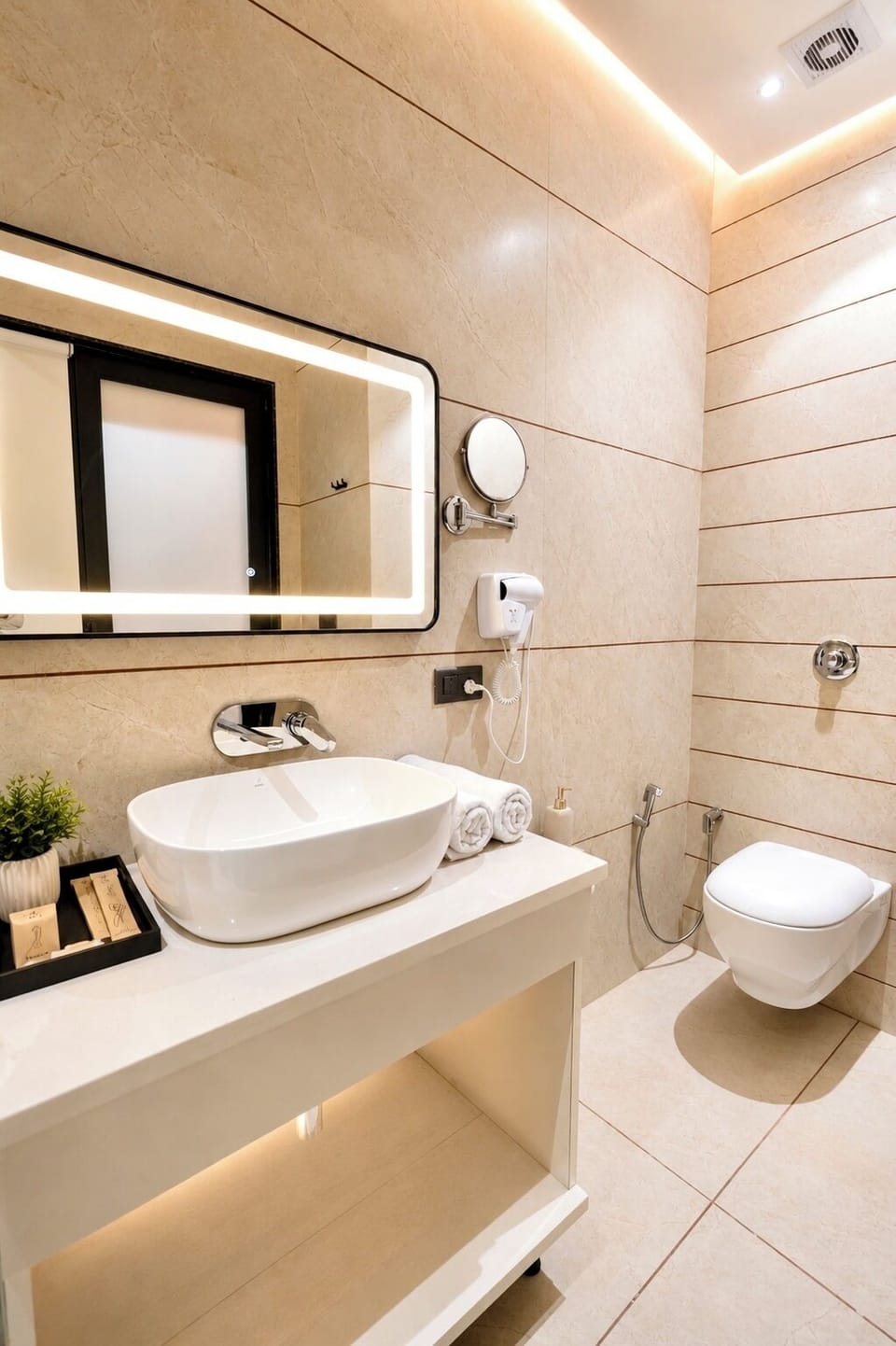Shower, rainfall showerhead, hair dryer, towels