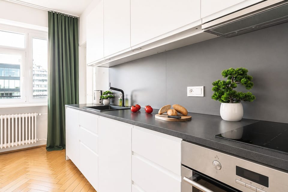Deluxe Apartment, City View | Private kitchen | Electric kettle, highchair, griddle, cleaning supplies