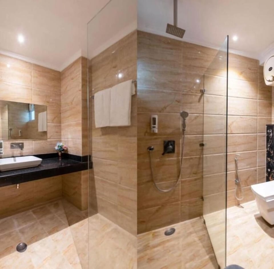 Shower, slippers, towels