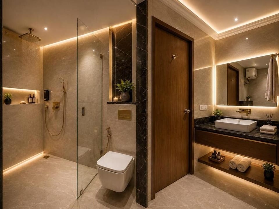 Shower, slippers, towels