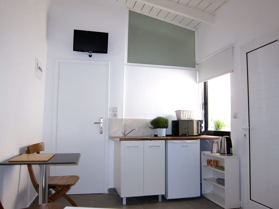 Rooftop Studio with Terrace | Private kitchenette | Full-size fridge, microwave, electric kettle, cookware/dishes/utensils