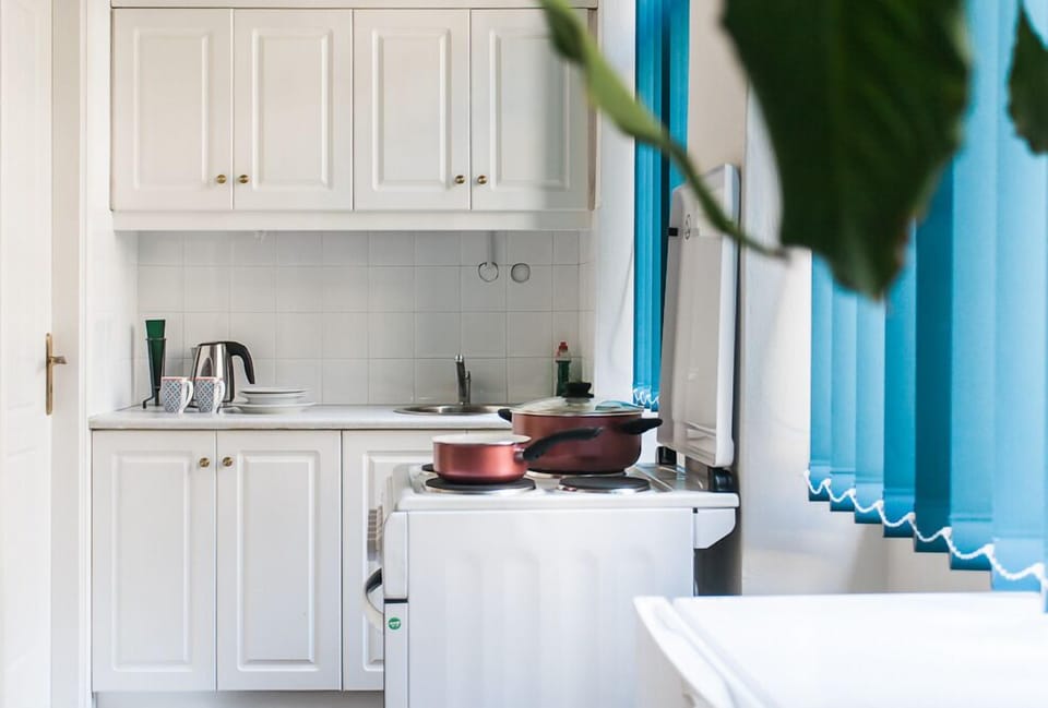 Fridge, stovetop, electric kettle, toaster