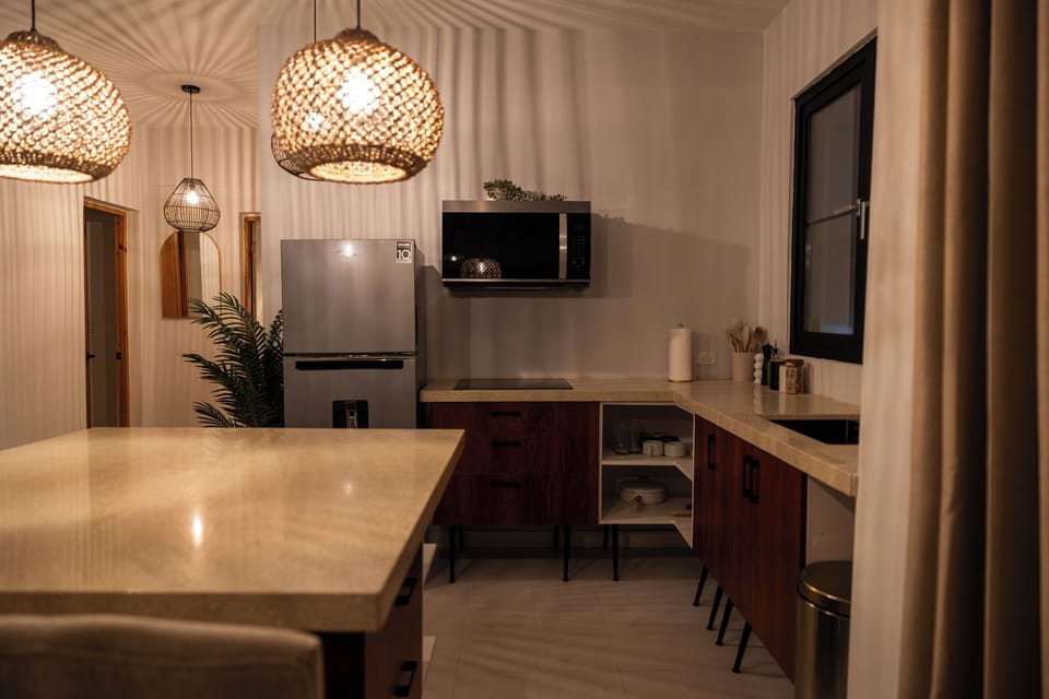 Superior Apartment, Pool View | Private kitchen | Fridge, microwave, stovetop, dishwasher