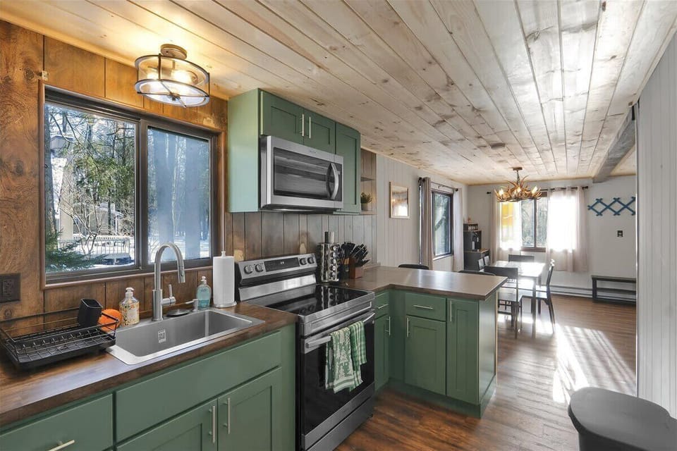 Rustic Cabin Kitchen with Wood Ceilings and Green Cabinets