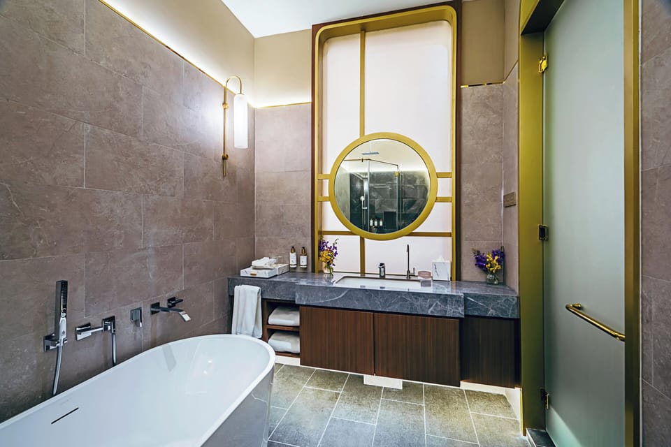 Premium Double Room, Non Smoking, City View | Bathroom | Separate tub and shower, deep soaking tub, rainfall showerhead