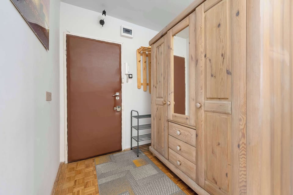 Entrance area with a large wardrobe, shoe cabinet, and front door.