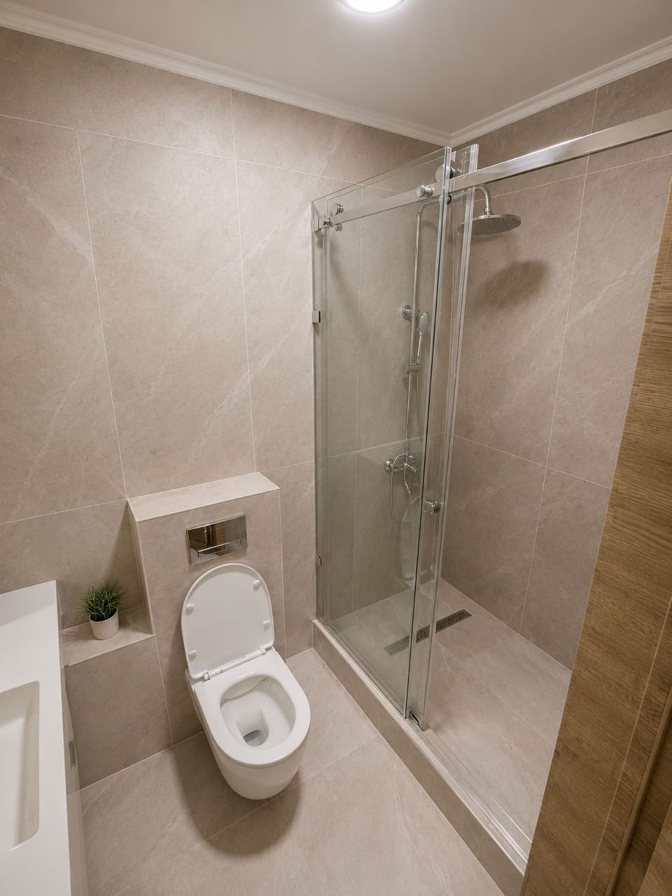 Shower, hair dryer, slippers, towels