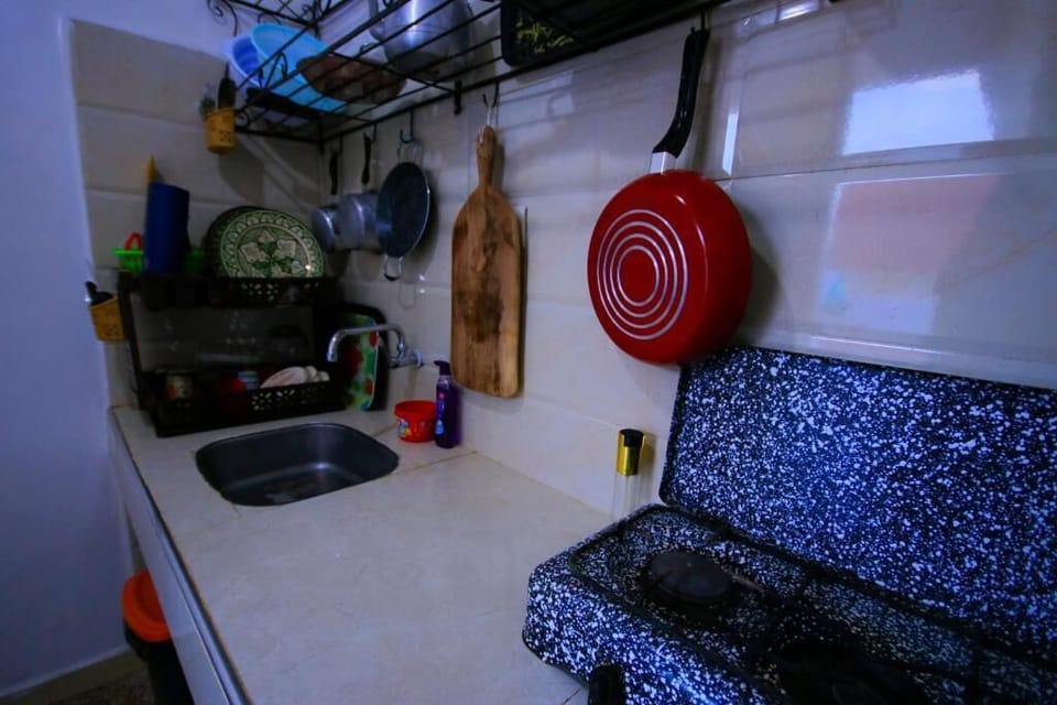 Full-size fridge, dishwasher, toaster, cookware/dishes/utensils