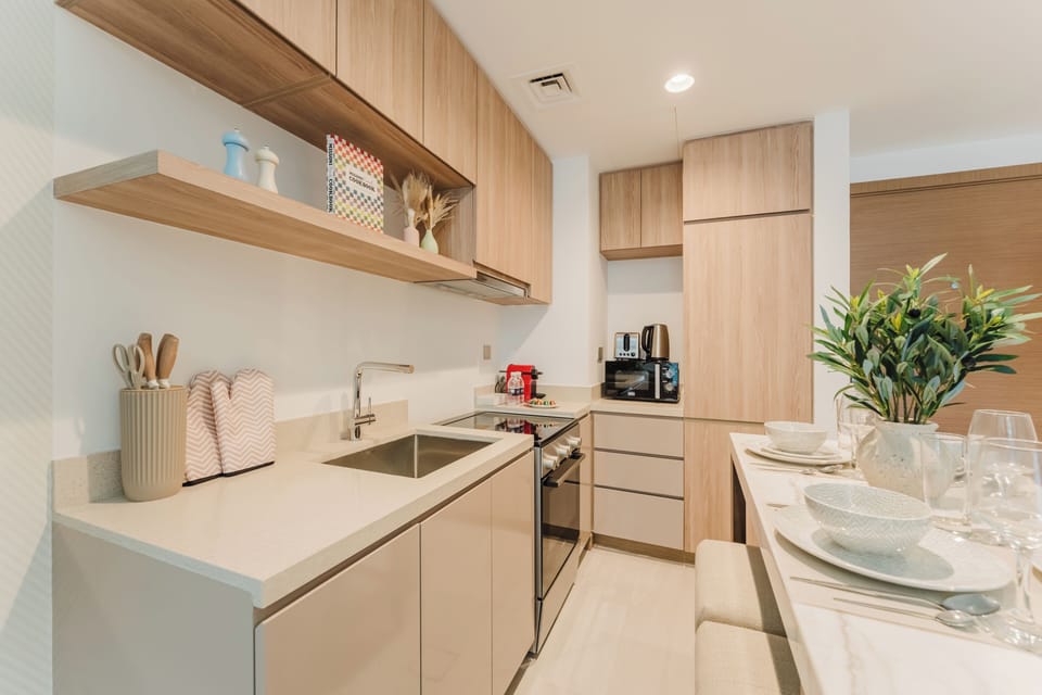 Luxury Apartment, 1 Queen Bed with Sofa bed, Air conditioning, Partial Lake View | Private kitchen | Full-size fridge, microwave, oven, stovetop