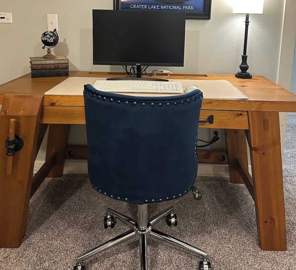 Remote work vacation rental bend desk setup