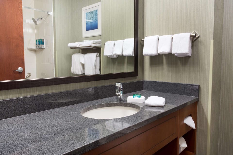 Combined shower/tub, free toiletries, hair dryer, towels