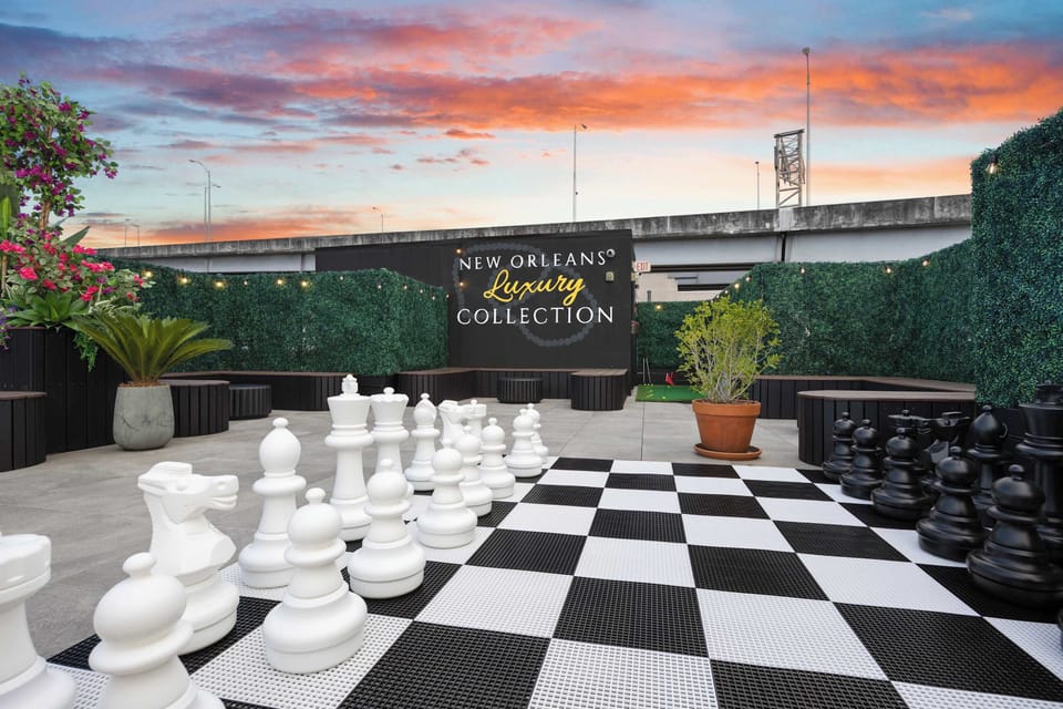 Rooftop entertainment includes oversized chess, a small putting green and comfortable places to sit and unwind.