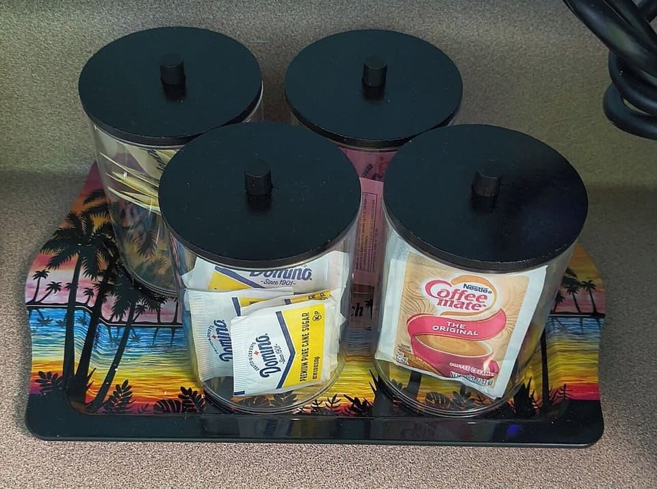 Coffee and tea fixings stocked for your stay. ⭐
