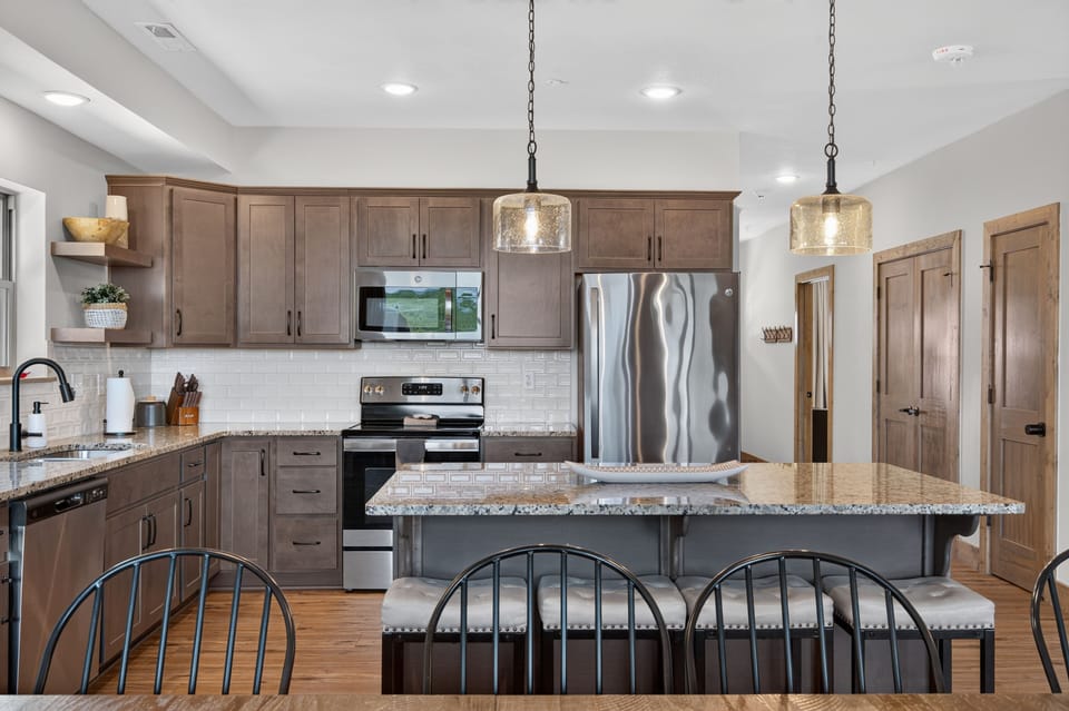 Plenty of  open counter space and large island for cooking and eating