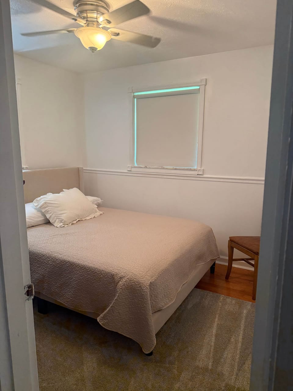Bedroom 3, queen room darkening shades, ceiling fan