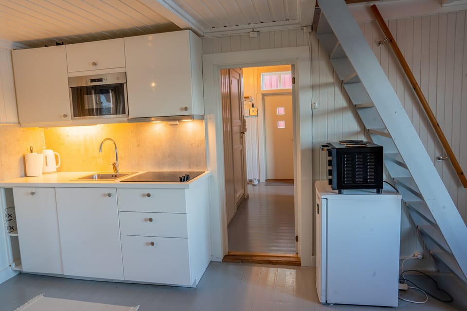 Modest kitchen, with a portable stove and a 2 plate cook top