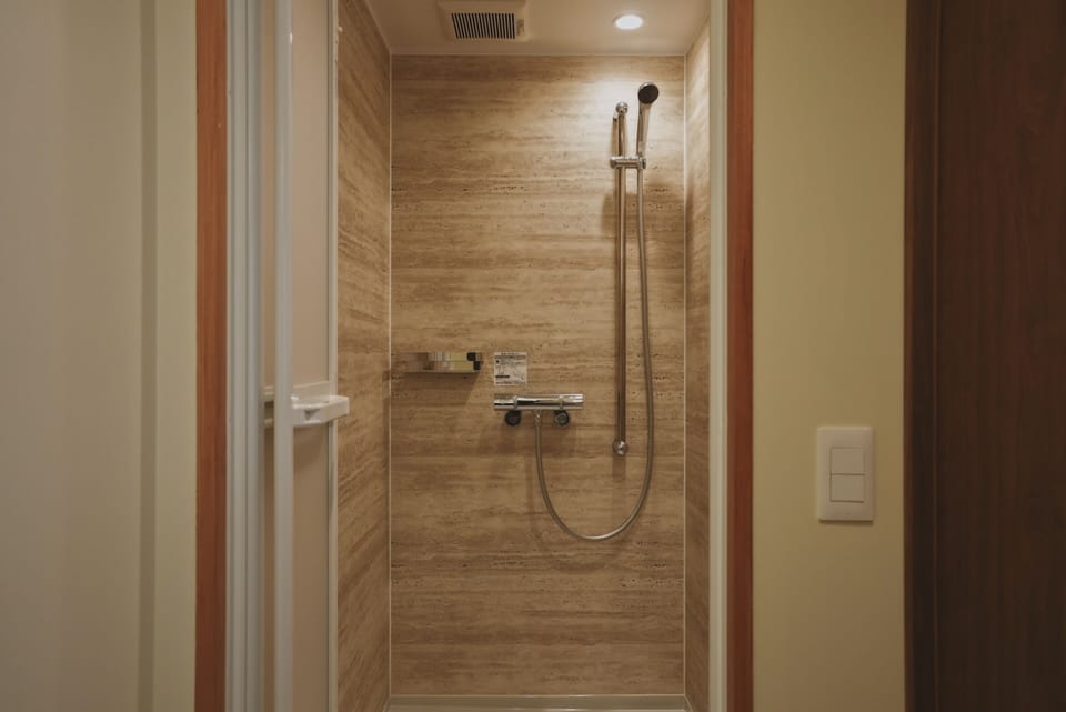 Shower, free toiletries, hair dryer, towels