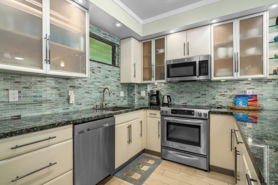 Modern kitchen has a dishwasher for easy cleanups  after meals