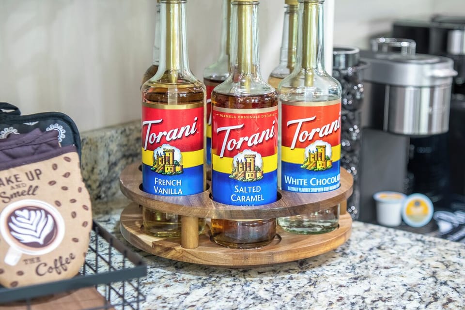 Start your mornings with premium Torani syrups and barista-quality coffee equipment, perfect for crafting your favorite specialty drinks right in your rental.